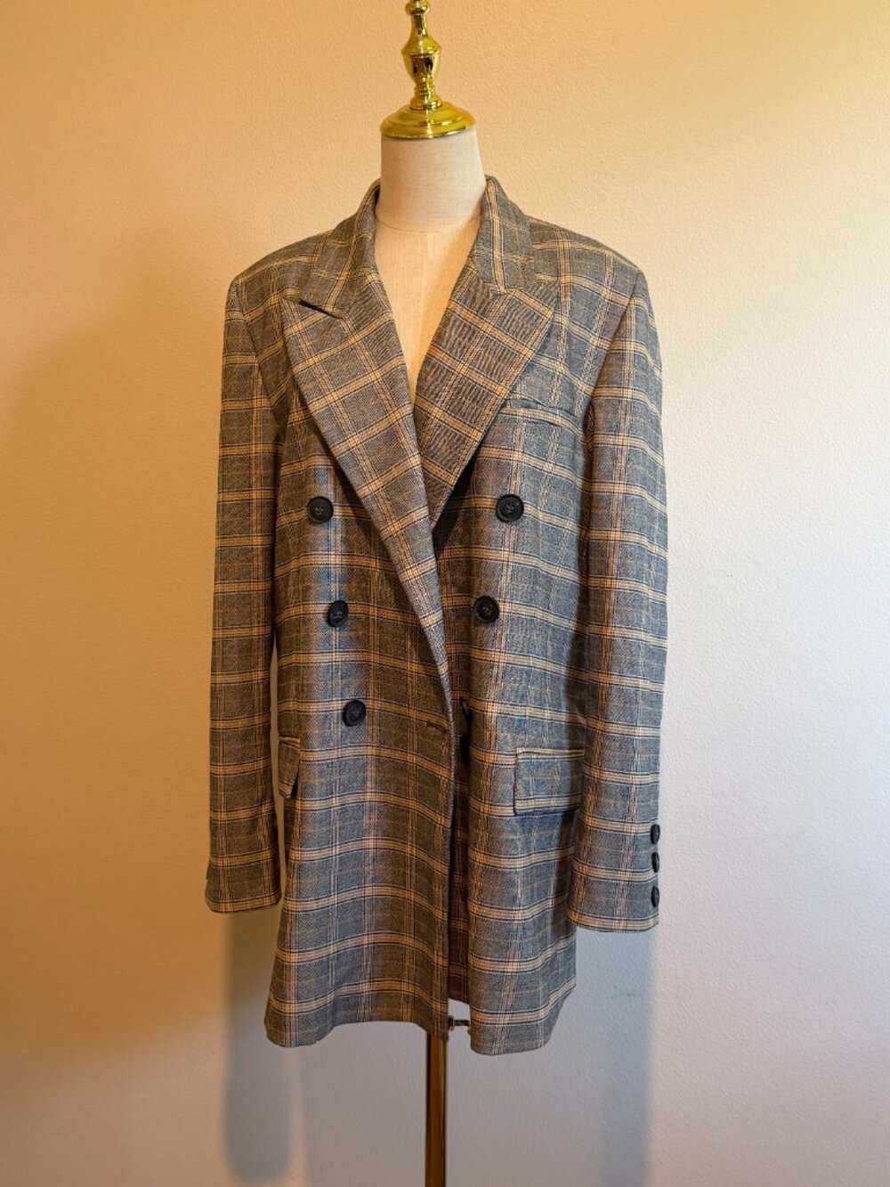 Free People Long Plaid Blazer Jacket Grey Gold Large - Picture 2 of 12